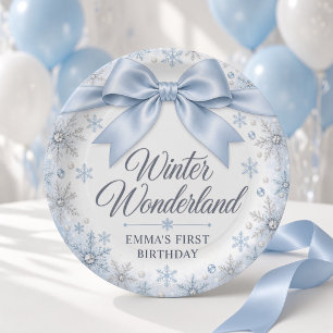Blue Bow Winter Wonderland Paper Plates