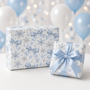 Blue Bow Winter Wonderland Snowflake Pattern Wrapping Paper