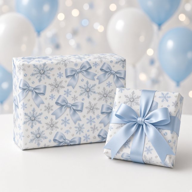 Blue Bow Winter Wonderland Snowflake Pattern Wrapping Paper (Creator Uploaded)