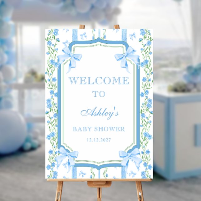 Blue Bow with Floral Boy Baby Shower Welcome  Foam Board (Creator Uploaded)