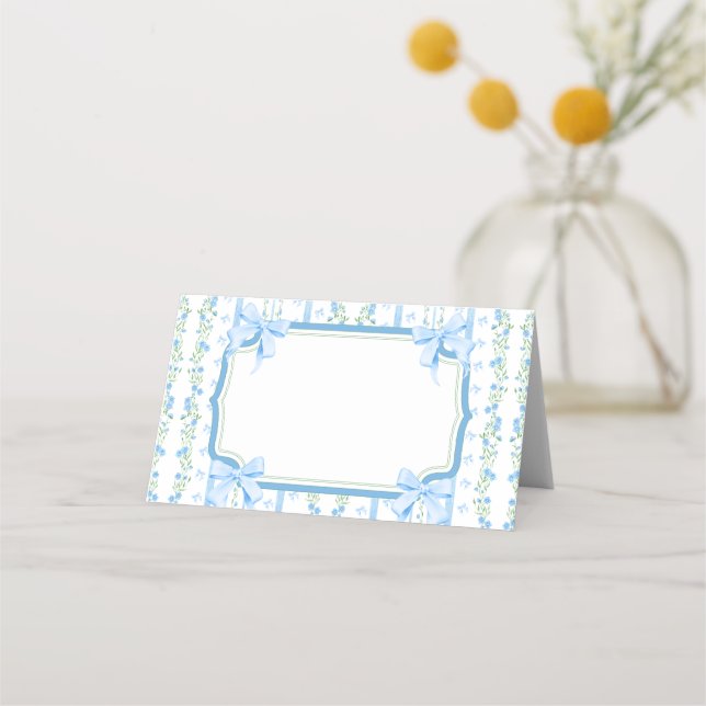 Blue Bow with Floral Vintage Place Card (Front)