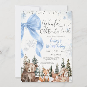 BLUE BOW Woodland Animal Winter Birthday Invitation