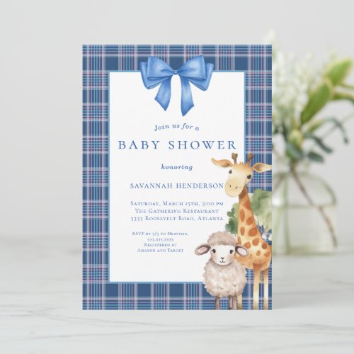 Blue Bow Woodland Animals Baby Shower Invitation