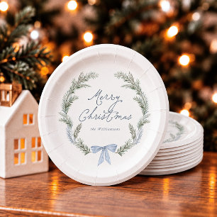 Blue Bow Wreath Botanical Christmas Paper Plates