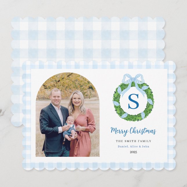 Blue Bow Wreath Christmas Photo Holiday Card (Front/Back)