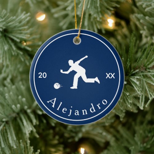 Blue Bowler Silhouette Player Coach Name &amp; Year Ceramic Ornament