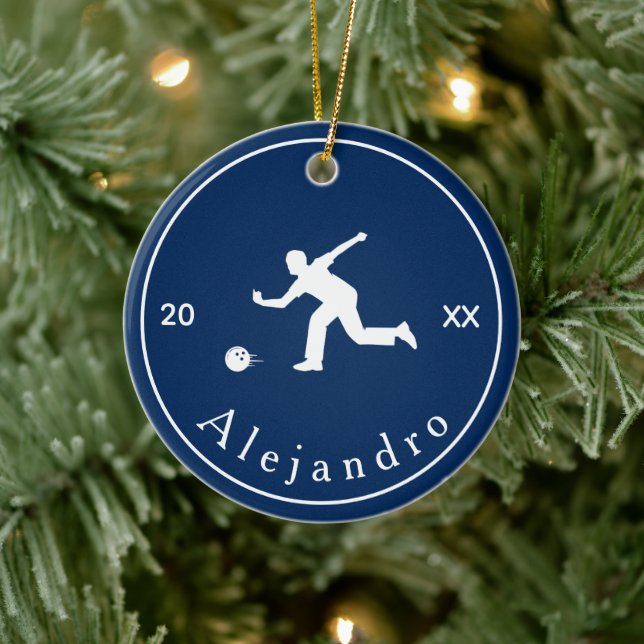 Blue Bowler Silhouette Player Coach Name & Year Ceramic Ornament (Tree)