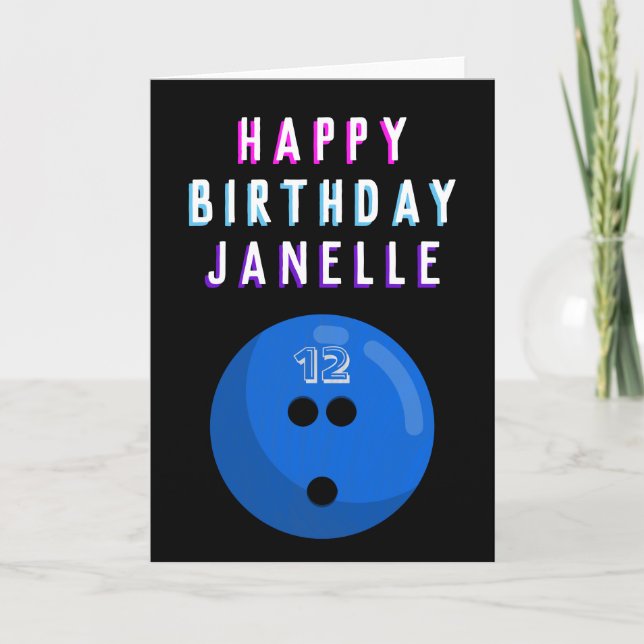 Blue Bowling Ball Kids Ages 6-16 Birthday Card (Front)