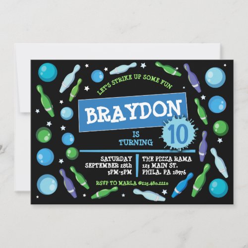 Blue BOWLING BALL NEON Birthday Party Invitation