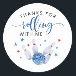 Blue Bowling Kids Birthday Party Favor  Classic Round Sticker<br><div class="desc">Cute bowling theme boy's birthday party favor sticker featuring watercolor illustration of a bowling ball hitting some pins with blue and red stars around. The text says "thanks for rolling with me."</div>