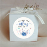 Blue Bowling Kids Birthday Party Favor  Classic Round Sticker<br><div class="desc">Cute bowling theme boy's birthday party favor sticker featuring watercolor illustration of a bowling ball hitting some pins with blue and red stars around. The text says "thanks for rolling with me."</div>