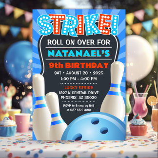 Blue Bowling Party Boys Birthday Invitation