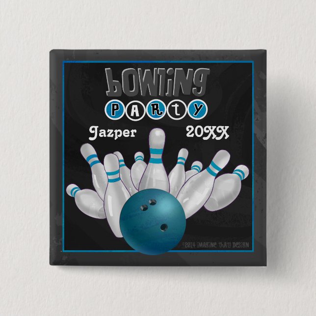Blue Bowling Party Pinback Button (Front)