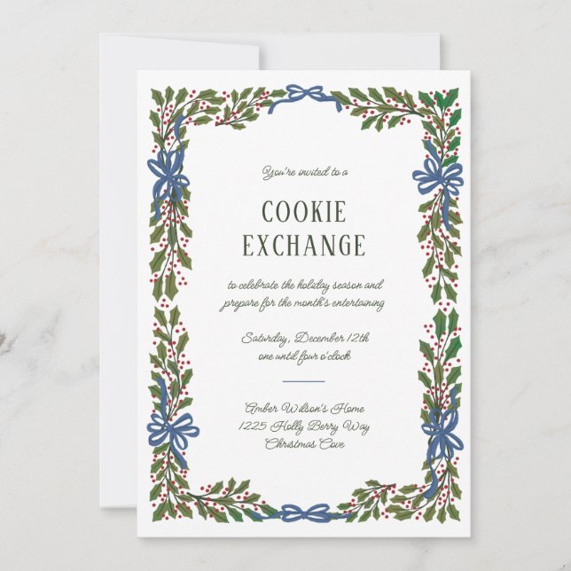 Blue Bows and Holly Garland Invitation (Front)