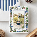 Blue Bows and Holly Garland One-Photo Christmas Holiday Card<br><div class="desc">Send a warm message of Christmas holiday cheer to friends and family with this luxe photo card featuring your best portrait orientation photograph, framed by a delicate blue border and wrapped with an illustrated garland of holly leaves and red berries that is tied at the top and sides with charming...</div>