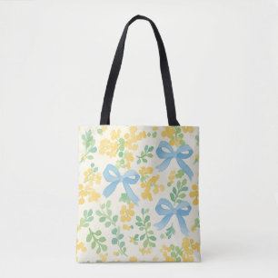 Blue Bows and Yellow Floral Cottagecore Pattern Tote Bag