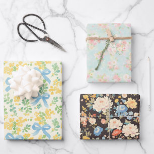 Blue Bows and Yellow Floral Cottagecore Pattern Wrapping Paper Sheets