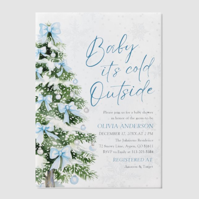 Blue Bows Baby It's Cold Outside Baby Shower Vellum Invitations (Front)