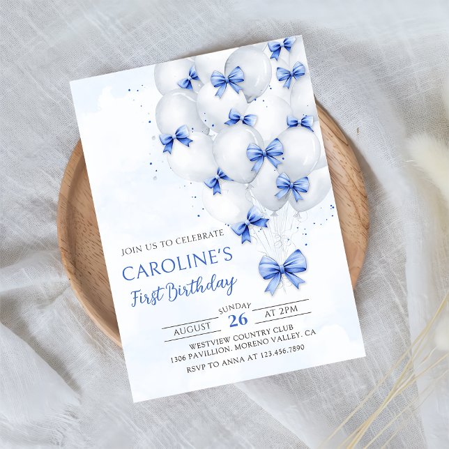 Blue Bows Balloons Birthday Invitation (Creator Uploaded)