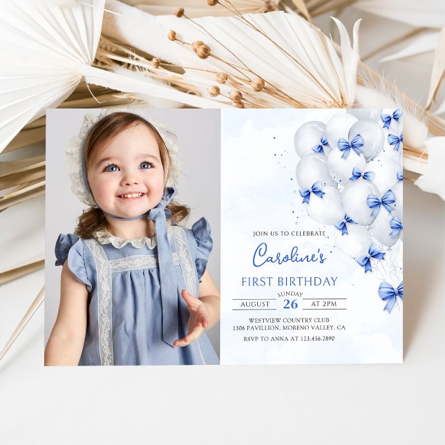Blue Bows Balloons Birthday Photo Invitation (Creator Uploaded)