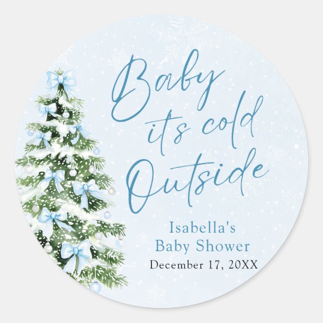 Blue Bows Boy Baby It's Cold Outside Baby Shower Classic Round Sticker (Front)