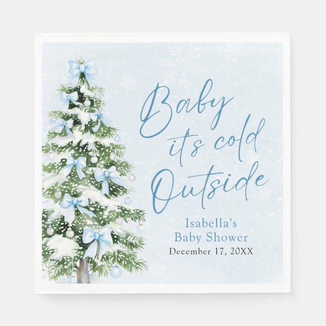 Blue Bows Boy Baby It's Cold Outside Baby Shower Napkins (Front)