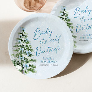 Blue Bows Boy Baby It's Cold Outside Baby Shower Paper Plates