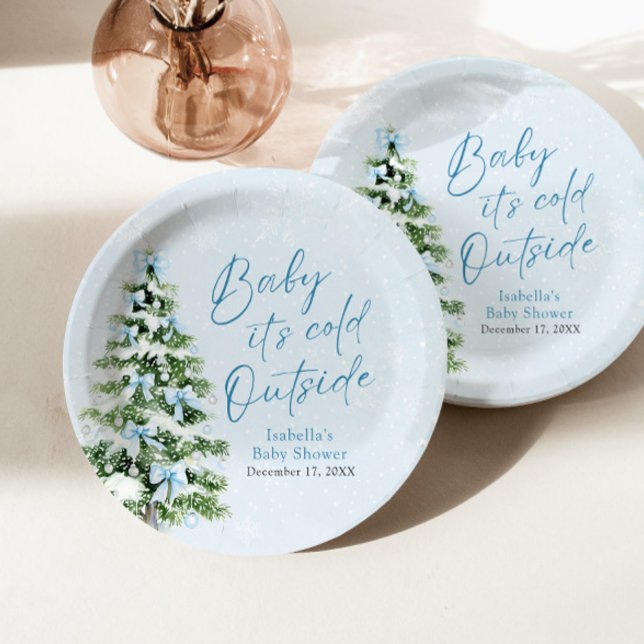 Blue Bows Boy Baby It's Cold Outside Baby Shower Paper Plates (Creator Uploaded)
