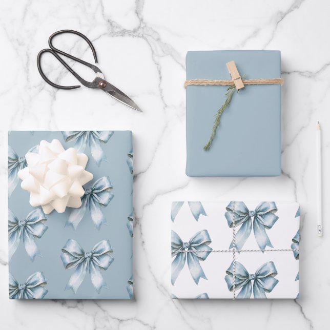 Blue Bows Bridal Shower Wrapping Paper Sheets (Front)