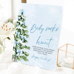 Blue Bows Christmas Tree Baby Socks Hunt Game Pedestal Sign