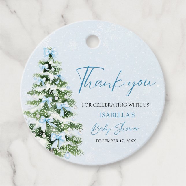 Blue Bows Christmas Tree Boy Winter Baby Shower Favor Tags (Front)