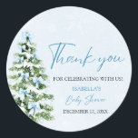 Blue Bows Christmas Tree Girl Winter Baby Shower Classic Round Sticker<br><div class="desc">The Blue Bows Christmas Tree Girl Winter Baby Shower Classic Sticker adds a whimsical touch to your winter-themed baby shower! Featuring a delicate blue bow and a festive Christmas tree, this sticker is perfect for celebrating a baby girl in cozy, seasonal style. Use it on favors, invites, or decor items...</div>