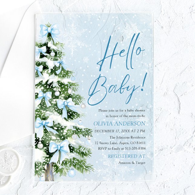 Blue Bows Christmas Tree Hello Baby Baby Shower Acrylic Invitations (Blue Bows Christmas Tree Hello Baby Baby Shower Acrylic Invitations)