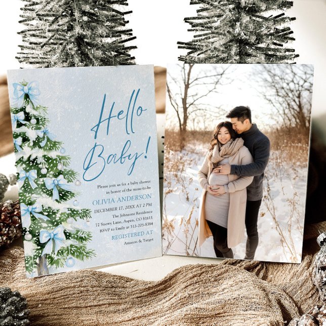 Blue Bows Christmas Tree Hello Baby Baby Shower Invitation (Creator Uploaded)