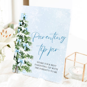 Blue Bows Christmas Tree Parenting Tip Jar Game Pedestal Sign