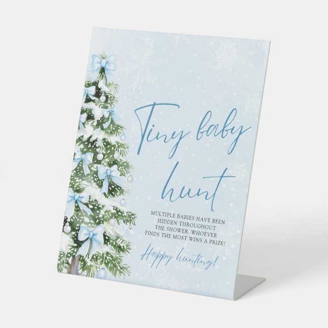 Blue Bows Christmas Tree Tiny Baby Hunt Game Pedestal Sign (Front)