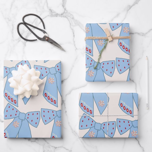 Blue Bows Coquette Wrapping Paper Sheets (Front)