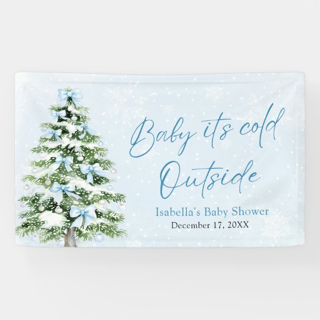 Blue Bows Girl Baby It's Cold Outside Baby Shower Banner (Horizontal)