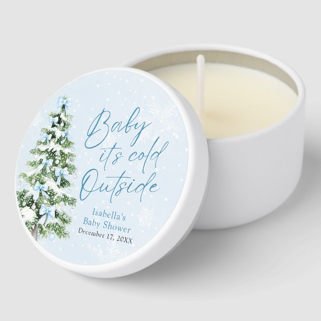 Blue Bows Girl Baby It's Cold Outside Baby Shower Mini Candle Favors (Corner)