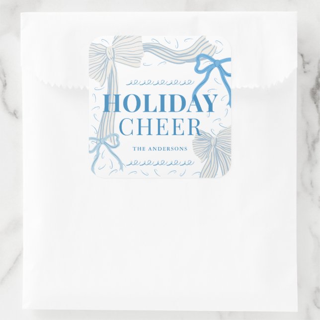 Blue Bows Holiday Cheer Photo Christmas Square Sticker (Bag)
