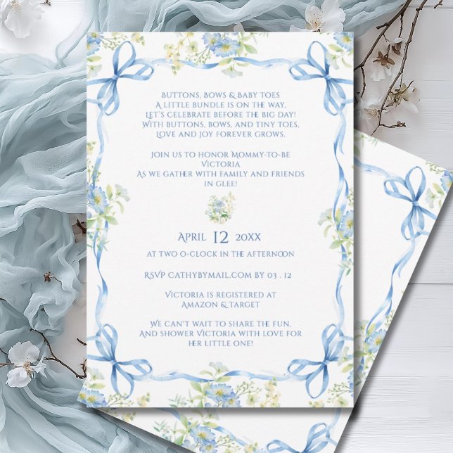 Blue Bows Ribbons & Floral Frame Baby Shower Invitation (Creator Uploaded)