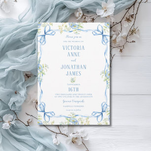 Blue Bows Ribbons & Floral Frame Wedding Invitation