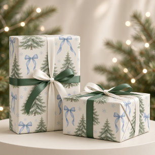 Blue Bows Snowy Pine Trees Christmas Wrapping Paper