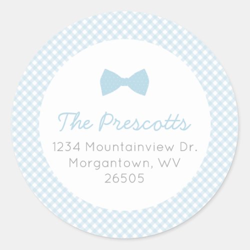 Blue bowtie gingham baby shower classic round sticker