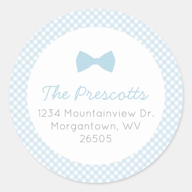 Blue bowtie gingham baby shower classic round sticker (Front)