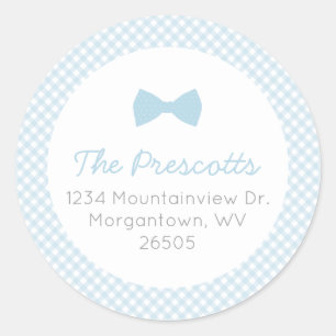 Blue bowtie gingham baby shower classic round sticker