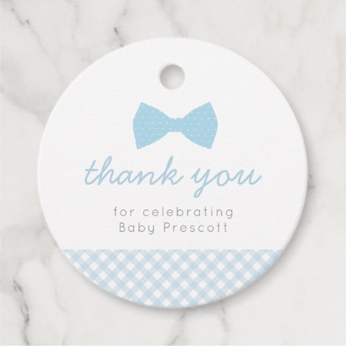 Blue bowtie gingham baby shower favor tags