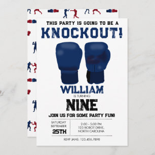 Blue Boxing Gloves Kids Birthday Party Knockout Invitation