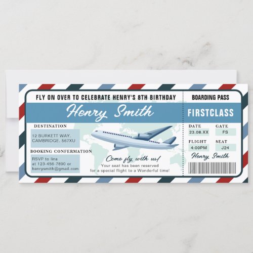 Blue Boy 1st Boarding Pass Plane Birthday Ticket Invitation