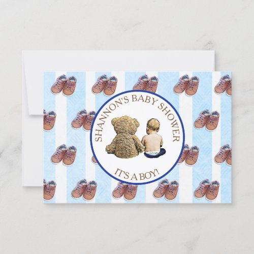 Blue Boy Baby and Teddy Bear Baby Shower Invitation